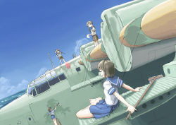 Rule 34 | 10s, 4girls, aircraft, airplane, angry, ayanami (kancolle), barefoot, black hair, blurry, cleaning, cleaning brush, commentary, day, depth of field, dutch angle, flying boat, fubuki (kancolle), h8k, hand on own hip, horizon, kantai collection, ladder, long hair, looking at another, miyuki (kancolle), multiple girls, ocean, on vehicle, school uniform, seaplane, serafuku, shikinami (kancolle), short hair, shouting, side ponytail, sitting, sky, towel, vehicle focus, vent arbre, water