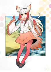 Rule 34 | 10s, 1girl, blunt bangs, gloves, head wings, highres, japanese crested ibis (kemono friends), kemono friends, long sleeves, multicolored hair, pantyhose, pleated skirt, red hair, red pantyhose, shirt, skirt, solo, tail, two-tone hair, umigarasu (kitsune1963), white hair, wings, yellow eyes