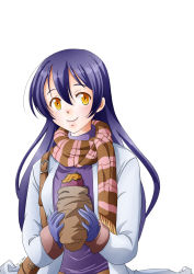 Rule 34 | 1girl, absurdres, aqua jacket, artist name, artist request, bag, blue gloves, blue hair, blush, breasts, brown eyes, brown scarf, cup, female focus, gloves, hair between eyes, handbag, highres, holding, holding cup, jacket, long hair, long sleeves, looking at viewer, love live!, love live! school idol project, open clothes, open jacket, parted lips, purple sweater, scarf, scraf, shoulder bag, smile, solo, sonoda umi, sweater, turtleneck, turtleneck sweater, upper body, white background, yellow eyes