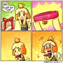 Rule 34 | 1girl, 4koma, :&lt;, afterimage, animal collar, animal crossing, animal ears, blonde hair, blush, body fur, box, brown eyes, collar, comic, dog ears, dog girl, dog tail, embarrassed, english text, flying sweatdrops, full-face blush, furry, furry female, gift, gift box, isabelle (animal crossing), kataro, motion lines, nintendo, marriage proposal, scrunchie, smile, solo, tail, tail wagging, topknot
