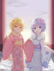 Rule 34 | 2girls, backlighting, bell, blonde hair, blue eyes, commentary, crescent, fang, floral print, fur collar, hair ornament, highres, index finger raised, japanese clothes, jingle bell, kantai collection, kanzashi, kimono, logiclr, long hair, looking at viewer, low twintails, minazuki (kancolle), multiple girls, new year, obi, open mouth, outdoors, patterned clothing, pavement, pink kimono, sash, satsuki (kancolle), short hair, silver hair, skin fang, smile, snow, standing, sunrise, torii, twintails, very long hair, wide sleeves, yellow eyes