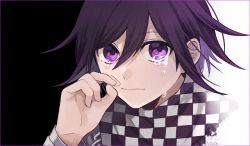 Rule 34 | 1boy, black background, checkered clothes, checkered scarf, closed mouth, commentary request, crying, crying with eyes open, danganronpa (series), danganronpa v3: killing harmony, hand up, long sleeves, looking at viewer, male focus, oma kokichi, portrait, purple eyes, purple hair, scarf, short hair, smile, solo, straitjacket, tears, upper body, white background, y0e0k