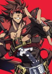 Rule 34 | 1boy, bare shoulders, belt, black gloves, brown hair, english text, fingerless gloves, gloves, grin, guilty gear, guilty gear xrd, headband, highres, looking at viewer, male focus, muscular, outstretched arm, red background, samei ikusa, sanpaku, shirt, simple background, smile, sol badguy, solo, standing, teeth, upper body, yellow eyes