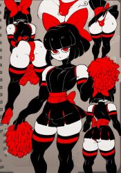 Rule 34 | 1boy, ass, black hair, bulge, cheerleader, cibastion, crossdressing, groin, highres, huge ass, multiple views, pom pom (cheerleading), red eyes, ribbon, scythe (cibastion), spot color, sweatdrop, thick thighs, thighhighs, thighs, wide hips