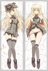 Rule 34 | 10s, 1girl, arm up, bare shoulders, bismarck (kancolle), black panties, blonde hair, blue eyes, blush, breasts, cherry blossoms, covered erect nipples, dakimakura (medium), detached sleeves, full body, gloves, grey thighhighs, groin, hat, highres, kantai collection, long hair, looking at viewer, lying, md5 mismatch, military, military hat, military uniform, multiple views, navel, no headwear, ohta yuichi, panties, peaked cap, pillow, resized, resolution mismatch, side-tie panties, sideboob, smile, source larger, sweat, thighhighs, underwear, uniform