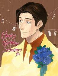 Rule 34 | 1boy, blue eyes, blue rose, boutonniere, brown hair, corsage, facial hair, flower, formal, happy birthday, iimo, male focus, rose, sebastian castellanos, solo, stubble, suit, the evil within