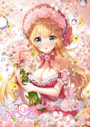 Rule 34 | 1girl, apple caramel, artist name, bare shoulders, blonde hair, blue eyes, blush, bouquet, bow, bowtie, breasts, cleavage, collarbone, dress, flower, frilled dress, frills, hair bow, hair bun, heart, heart in eye, highres, holding, holding bouquet, looking at viewer, medium breasts, nose blush, orange bow, original, parted lips, pink bow, pink bowtie, pink dress, pink flower, pink headwear, pink rose, pink theme, red flower, rose, side bun, single hair bun, single side bun, solo, star (symbol), strapless, strapless dress, symbol in eye, tulip, water drop, yellow flower