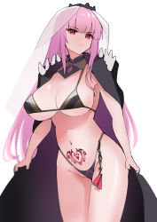 Rule 34 | 1girl, bikini, bikini under clothes, black bikini, black cape, breasts, cape, cleavage, closed mouth, dismassd, highleg, highleg bikini, highres, hololive, hololive english, large breasts, long hair, looking at viewer, mori calliope, navel, pink hair, pubic tattoo, red eyes, solo, spikes, stomach, stomach tattoo, swimsuit, tattoo, tiara, veil, very long hair, virtual youtuber, white background