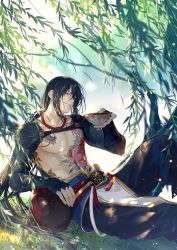 Rule 34 | 1boy, abs, arm wrap, black hair, black pants, bowl, chest tattoo, cowboy shot, day, fate/grand order, fate (series), green eyes, grin, hair between eyes, hand up, hand wraps, holding, holding bowl, jar, leaning back, long hair, looking at viewer, low ponytail, male focus, outdoors, pants, pectorals, ponytail, red neckwear, rrr (reason), sitting, smile, solo, tattoo, toned, toned male, topless male, tree, very long hair, yan qing (fate)