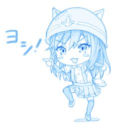 Rule 34 | 1girl, animal ears, arm warmers, asashio (kancolle), blue theme, blush stickers, buttons, collared shirt, dog ears, dog tail, full body, futaba channel, genba neko (meme), gotou hisashi, hair between eyes, hard hat, helmet, kantai collection, long hair, meme, open mouth, pleated skirt, pointing, shadow, shirt, short sleeves, simple background, skirt, smile, solo, standing, standing on one leg, suspender skirt, suspenders, tail, thighhighs, white background