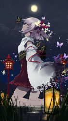 Rule 34 | 1girl, bad id, bad pixiv id, bug, butterfly, butterfly hair ornament, cloud, detached sleeves, full moon, grass, hair ornament, hakama, hakama skirt, harano, insect, japanese clothes, kneeling, lantern, looking up, moon, night, night sky, obi, original, pantyhose, profile, red hakama, sash, short hair, silver hair, skirt, sky, solo, water, white pantyhose