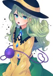 Rule 34 | 1girl, alternate hair length, alternate hairstyle, artist name, black hat, blue eyes, buttons, collared shirt, diamond button, frilled shirt collar, frills, green hair, green skirt, hair between eyes, hat, heart, heart of string, highres, komeiji koishi, long hair, necono (nyu6poko), open mouth, revision, shirt, signature, skirt, sleeves past fingers, sleeves past wrists, solo, third eye, tongue, tongue out, touhou, wide sleeves, yellow shirt