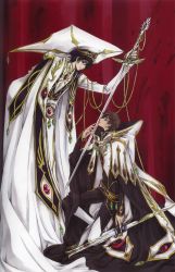 Rule 34 | 00s, 2boys, absurdres, clamp, code geass, frown, hat, highres, holding, holding sword, holding weapon, kururugi suzaku, lelouch vi britannia, male focus, multiple boys, object kiss, on one knee, red background, scabbard, scan, sheath, standing, sword, weapon, white hat