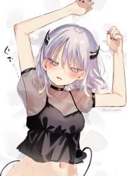 Rule 34 | 1girl, arms up, bed sheet, black nails, black shirt, breasts, collarbone, commentary request, covered collarbone, demon girl, demon horns, demon tail, grey eyes, grey hair, half-closed eyes, highres, horns, lying, medium breasts, nail polish, navel, on back, original, puffy short sleeves, puffy sleeves, see-through, see-through sleeves, shirt, short sleeves, sofra, solo, sweat, tail, translation request, twitter username