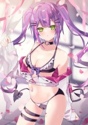 Rule 34 | 1girl, absurdres, black panties, blush, breasts, cameltoe, chierishu, collar, ear piercing, green eyes, hair ornament, hairclip, highres, hololive, long hair, looking at viewer, multicolored hair, navel piercing, panties, piercing, pink hair, purple hair, solo, streaked hair, swimsuit, tail, thigh strap, tokoyami towa, twintails, underwear, virtual youtuber