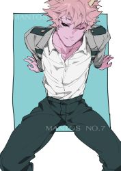 Rule 34 | 1boy, aqua background, arm support, artist name, ashido mina, black sclera, boku no hero academia, collared shirt, colored sclera, colored skin, commentary, genderswap, genderswap (ftm), green pants, grey jacket, highres, horns, jacket, long sleeves, looking at viewer, male focus, mantos no.7, one eye closed, open clothes, open jacket, pants, pink hair, pink skin, school uniform, shirt, short hair, sitting, smile, solo, thai commentary, u.a. school uniform, watermark, white background, white shirt, yellow eyes