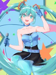 Rule 34 | 1girl, absurdly long hair, anniversary, aqua eyes, aqua hair, artist name, artist request, bare shoulders, black shirt, black skirt, blue eyes, blue gloves, blue hair, blue legwear, blue vest, blush, breasts, cleavage, collarbone, female focus, gloves, hatsune miku, highres, holding, holding microphone, long hair, looking at viewer, microphone, salute, shirt, skirt, smile, solo, terebi1996, twintails, very long hair, vest, vocaloid