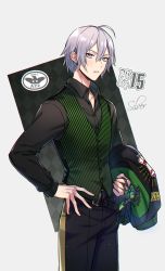 Rule 34 | 1boy, absurdres, belt, collared shirt, deretta, formal, grey eyes, grey hair, hand on own hip, highres, long sleeves, looking to the side, pale skin, shirt, silver (twisted wonderland), solo, striped, twisted wonderland, vest
