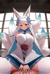 Rule 34 | 1boy, 1girl, absurdres, animal ear fluff, animal ears, blue eyes, blue hair, blush, braid, breasts, censored, chinese clothes, closed mouth, clover theater, curvy, fox ears, fox girl, fox tail, from below, girl on top, hair ornament, hairband, highres, huge breasts, kitsune, kyuubi, laoan, large breasts, long hair, looking at viewer, multicolored hair, multiple tails, pov, shiny clothes, shiny skin, smile, solo focus, spread legs, straddling, tail, thick thighs, thighhighs, thighs, twin braids, two-tone hair, very long hair, white hair, white thighhighs, wide hips, wide sleeves