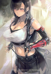 Rule 34 | 1girl, arm guards, black skirt, breasts, brown eyes, brown hair, cleavage, commentary request, earrings, elbow gloves, elbow pads, final fantasy, final fantasy vii, final fantasy vii remake, fingerless gloves, gloves, hair between eyes, highres, jewelry, large breasts, long hair, low-tied long hair, maeshima shigeki, midriff, pencil skirt, pink lips, shirt, skirt, smile, solo, standing, stomach, strap pull, suspender skirt, suspenders, tank top, taut clothes, taut shirt, thighhighs, thighs, tifa lockhart, white tank top