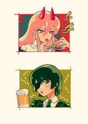 Rule 34 | 2girls, alcohol, beer, beer mug, black hair, black necktie, blush, burger, chainsaw man, collared shirt, cross-shaped pupils, cup, food, formal, green eyes, hair between eyes, highres, himeno (chainsaw man), holding, holding food, horns, long hair, looking at object, looking at viewer, mug, multiple girls, necktie, pink hair, power (chainsaw man), red horns, shirt, short hair, sidelocks, simple background, suit, symbol-shaped pupils, tongue, tongue out, tuzaixia, white background, yellow eyes