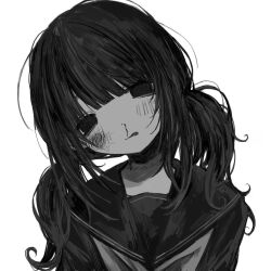 Rule 34 | 1girl, bags under eyes, blood, blunt bangs, blush, bruise, bruise on face, closed mouth, empty eyes, greyscale, head tilt, injury, long hair, looking at viewer, low twintails, monochrome, neckerchief, noroi (rnatataki), nosebleed, original, portrait, sailor collar, school uniform, serafuku, simple background, solo, tongue, tongue out, twintails, white background