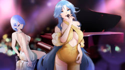 Rule 34 | 2girls, azur lane, bare back, bare shoulders, beefusteku, blue eyes, blue hair, blurry, blurry background, blush, breasts, chair, chapayev (azur lane), closed mouth, collarbone, commentary, dress, english commentary, feet out of frame, from side, hair ornament, hairclip, highres, holding, holding microphone, legs, long hair, looking at viewer, looking back, medium breasts, microphone, multiple girls, music, open mouth, parted lips, sideboob, singing, sitting, sovetskaya belorussiya (azur lane), standing, teeth, underboob, upper teeth only, very long hair, white dress, yellow dress