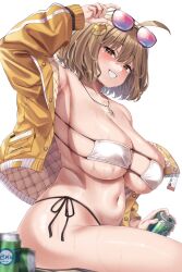 Rule 34 | 1girl, anis (nikke), anis (sparkling summer) (nikke), armpits, bikini, breasts, brown hair, can, eyepatch bikini, eyewear on head, goddess of victory: nikke, hair ornament, highres, holding, holding can, jacket, jewelry, large breasts, long sleeves, looking at viewer, moisture (chichi), necklace, official alternate costume, open clothes, open jacket, orange jacket, short hair, simple background, solo, star (symbol), star necklace, sunglasses, swimsuit, thighs, wet, white background, white bikini