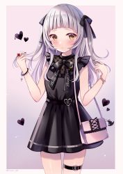 Rule 34 | 1girl, :&lt;, alternate costume, bag, black bow, black dress, black nails, blunt bangs, blush, bow, brown eyes, closed mouth, commentary request, dress, grey background, hair bow, hands up, heart, hololive, jewelry, long hair, looking at viewer, murasaki shion, nail polish, pink background, pleated dress, ring, sakura hiyori, shoulder bag, silver hair, sleeveless, sleeveless dress, solo, standing, thigh strap, two-tone background, two side up, virtual youtuber