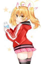 Rule 34 | 1girl, ahoge, black thighhighs, blonde hair, blue archive, blush, bottle, brown eyes, closed mouth, english text, from behind, hair between eyes, hair ribbon, halo, highres, holding, holding bottle, hood, hood down, hooded jacket, jacket, long sleeves, looking at viewer, looking back, milk bottle, panties, pink skirt, pleated skirt, puffy long sleeves, puffy sleeves, red jacket, ribbon, shikito (yawa0w0), simple background, skirt, sleeves past wrists, solo, star (symbol), starry background, thighhighs, twintails, underwear, v-shaped eyebrows, white background, white panties, white ribbon, yoshimi (blue archive)
