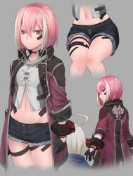 Rule 34 | 1boy, 1girl, ahoge, black gloves, choker, closed mouth, coat, copyright request, denim, denim shorts, gloves, grey background, long sleeves, looking at viewer, multicolored hair, navel, nyifu, pink hair, short hair, shorts, simple background, smile, white hair