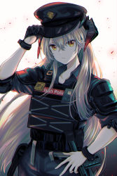 Rule 34 | 1girl, adjusting clothes, adjusting headwear, arknights, black gloves, black hat, black pants, black shirt, bulletproof vest, chiwa (chiwawanwan1206), closed mouth, collarbone, collared shirt, commentary request, cuffs, dragon horns, earrings, gloves, grey hair, hand on own hip, hat, highres, horns, id card, jewelry, looking at viewer, official alternate costume, orange eyes, pants, partial commentary, police, police hat, police uniform, saria (arknights), saria (the law) (arknights), shirt, shoulder pads, single glove, sleeves rolled up, solo, stud earrings, uniform, upper body, walkie-talkie, white background
