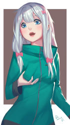 Rule 34 | 1girl, absurdres, artist name, blue eyes, blush, bow, breasts, covered erect nipples, damiaodi, eromanga sensei, grabbing own breast, green jacket, hair bow, highres, izumi sagiri, jacket, long hair, looking at viewer, open mouth, pink bow, pink lips, silver hair, small breasts, solo, zipper, zipper pull tab