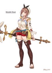 Rule 34 | 1girl, atelier (series), atelier ryza, atelier ryza 1, bare shoulders, belt, beret, boots, breasts, brown eyes, brown gloves, brown hair, character name, closed mouth, commentary request, flask, full body, gloves, hair ornament, hairclip, hat, highres, jewelry, large breasts, looking at viewer, midriff, midriff peek, navel, necklace, porco1127, pouch, red shorts, reisalin stout, round-bottom flask, shiny skin, shorts, sidelocks, simple background, single glove, sitting, smile, solo, staff, standing, star (symbol), star necklace, test tube, thigh boots, thigh pouch, thighhighs, thighhighs under boots, thighs, toeless footwear, twitter username, white background, white thighhighs