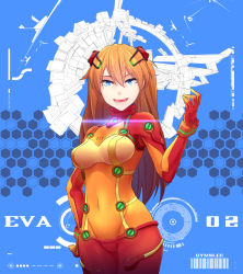 Rule 34 | 00s, 1girl, :d, bad id, bad pixiv id, barcode, blue background, blue eyes, bodysuit, bra, bracer, breasts, clothes writing, covered navel, cowboy shot, curvy, english text, evangelion: 2.0 you can (not) advance, gloves, groin, hair between eyes, hair ornament, hairpods, hand on own hip, honeycomb (pattern), honeycomb background, honeycomb pattern, hymn, hymn lee, interface headset, light trail, long hair, looking at viewer, multicolored clothes, neon genesis evangelion, no panties, open mouth, orange hair, pilot suit, plugsuit, rebuild of evangelion, red bodysuit, see-through, see-through bodysuit, shiny clothes, smile, solo, souryuu asuka langley, test plugsuit, underwear, very long hair, wide hips