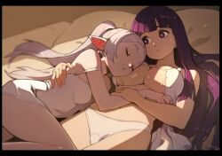 Rule 34 | 2girls, bed, blunt bangs, bra, breasts, closed eyes, closed mouth, commentary, elf, english commentary, expressionless, fern (sousou no frieren), frieren, hand around waist, highres, large breasts, long hair, lying, lying on person, multiple girls, navel, optionaltypo, panties, parted bangs, pointy ears, purple eyes, purple hair, side-by-side, sidelocks, sleeping, sleeping on person, sousou no frieren, twintails, underboob, underwear, white bra, white hair, white panties, yuri