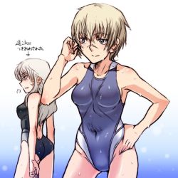 Rule 34 | 2girls, ass, bare shoulders, blonde hair, competition swimsuit, elizabeth f. beurling, facial mark, grey hair, hand in own hair, hand on own hip, hanna rudel, long hair, multiple girls, navel, one-piece swimsuit, scar, short hair, simple background, skin tight, strike witches, strike witches: suomus misfits squadron, swimsuit, tabigarasu, translated, wet, world witches series