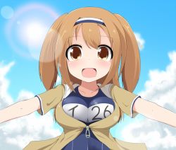 Rule 34 | 10s, 1girl, blue sky, breasts, brown eyes, clothes writing, cloud, day, hairband, i-26 (kancolle), kantai collection, large breasts, light brown hair, long hair, name tag, open clothes, open mouth, outstretched arms, sailor collar, school swimsuit, short sleeves, sky, smile, solo, sun, suzu yuuji, swimsuit, swimsuit under clothes, two-tone hairband, two side up