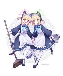 Rule 34 | 2girls, absurdres, animal ear headphones, animal ears, apron, black dress, black footwear, blonde hair, blue archive, blush, bucket, cat tail, dress, fake animal ears, frilled apron, frilled dress, frills, green eyes, green halo, halo, headphones, highres, holding, holding bucket, long sleeves, maid, maid apron, maid headdress, midori (blue archive), midori (maid) (blue archive), momoi (blue archive), momoi (maid) (blue archive), multiple girls, official alternate costume, open mouth, pantyhose, parted lips, pink halo, puffy long sleeves, puffy sleeves, red eyes, shoes, short hair, siblings, sisters, smile, tail, tokage (pr), twins, twitter username, white apron, white pantyhose