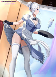 Rule 34 | 1girl, absurdres, apron, artist name, black gloves, blue eyes, breasts, cleavage, clothes lift, feet out of frame, food, glass, gloves, hair bun, hair over one eye, highres, ice cream, indoors, maid, maid apron, maid headdress, medium breasts, panties, parted lips, patreon username, photoshop (medium), pulled by self, rwby, short sleeves, single hair bun, skirt, skirt lift, solo, standing, sundae, teeth, thighhighs, thighs, tray, underwear, vilde loh hocen, watermark, white hair, winter schnee