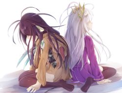 Rule 34 | 2girls, android, arm support, back-to-back, black legwear, commentary, crown, highres, hikari niji, long hair, long sleeves, mechanical parts, multiple girls, no game no life, no shoes, pleated skirt, purple hair, purple shirt, purple skirt, school uniform, serafuku, shiro (no game no life), shirt, shuvi (no game no life), silver hair, sitting, skirt, thighhighs, very long hair, wariza