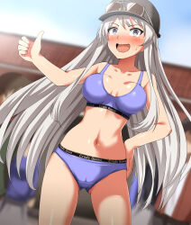 Rule 34 | 1girl, absurdres, azur lane, black hat, blue panties, blue sports bra, blurry, blurry background, blush, cabbie hat, commentary request, constricted pupils, cowboy shot, crotch seam, day, depth of field, enterprise (anniversary ride) (azur lane), enterprise (azur lane), eyewear on headwear, flying sweatdrops, grey eyes, grey hair, hand on own hip, hat, highres, long hair, navel, official alternate costume, open mouth, outdoors, panties, partial commentary, smile, solo, sports bra, sports panties, standing, sunglasses, sweatdrop, thumbs up, underwear, underwear only, very long hair, zanntetu