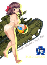 Rule 34 | 10s, 1girl, ;p, absurdres, ass, barefoot, bikini, bow, breasts, brown eyes, brown hair, caterpillar tracks, character name, emblem, full body, girls und panzer, hair bow, highres, kneepits, kondou taeko, leaning forward, long hair, looking at viewer, looking back, medium breasts, military, military vehicle, motor vehicle, one eye closed, ooarai (emblem), red bow, shiny skin, sideboob, simple background, solo, standing, swimsuit, tank, tongue, tongue out, type 89 i-gou, white background, white bikini