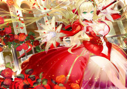 Rule 34 | 119, 1girl, aestus domus aurea, aestus estus, blonde hair, breasts, cleavage, dress, fate/extra, fate (series), flower, green eyes, hairband, highres, holding, holding sword, holding weapon, light smile, long hair, looking at viewer, nero claudius (fate), nero claudius (fate), nero claudius (fate/extra), outstretched arm, over shoulder, red dress, revision, rose, see-through, solo, sword, very long hair, weapon, weapon over shoulder