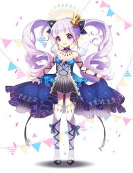 Rule 34 | 1girl, :d, blue bow, blue dress, boots, bow, choker, clothes lift, confetti, crown, dress, dress lift, earrings, full body, jewelry, leg ribbon, light purple hair, long hair, looking at viewer, lunaticmed, md5 mismatch, mini crown, open mouth, original, pennant, pocketland, purple eyes, resolution mismatch, ribbon, smile, solo, source smaller, standing, string of flags, striped clothes, striped dress, thigh boots, thighhighs, twintails, vertical-striped clothes, vertical-striped dress, white footwear, white wings, wings