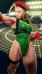 Rule 34 | 1girl, 3d, absurdres, antenna hair, bare shoulders, blonde hair, blue eyes, braid, breasts, cammy white, clenched hand, covered navel, curvy, gloves, green leotard, hat, highleg, highleg leotard, highres, leotard, long hair, looking at viewer, medium breasts, red gloves, red hat, ryona, screencap, shiny clothes, solo, street fighter, street fighter v, thighs, third-party edit, thong leotard, twin braids, very long hair, wide hips