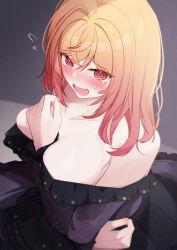 Rule 34 | 1girl, @ @, absurdres, akuame (ring3922), bare shoulders, blush, breasts, dress, fang, gradient hair, highres, hololive, hololive dev is, ichijou ririka, large breasts, long hair, multicolored hair, open mouth, orange eyes, orange hair, red hair, solo, strapless, strapless dress, virtual youtuber