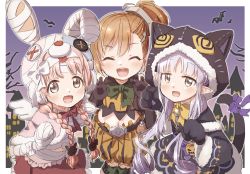 Rule 34 | 3girls, :d, ^ ^, alternate costume, animal ears, animal hands, animal hat, animal hood, bandaged arm, bandages, blush, braid, button eyes, buttons, cat ears, closed eyes, commentary request, hair ornament, halloween, hat, hood, kyouka (halloween) (princess connect!), kyouka (princess connect!), long hair, looking at viewer, low twintails, midriff, mimi (halloween) (princess connect!), mimi (princess connect!), misogi (halloween) (princess connect!), misogi (princess connect!), multiple girls, navel, open mouth, orange hair, pink hair, pointy ears, princess connect!, purple hair, rabbit hair ornament, rabbit hat, ribbon, short hair, side ponytail, smile, twin braids, twintails, yukie (kusaka shi)