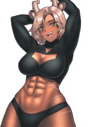 Rule 34 | 1girl, abs, absurdres, animal ears, arms up, breasts, cipher4109, cleavage, commentary, cowboy shot, dark-skinned female, dark skin, english commentary, fangs, grey hair, highres, horns, indie virtual youtuber, large breasts, long sleeves, looking at viewer, navel, open mouth, panties, sansin jin, scar, scar on breast, short hair, skindentation, solo, teeth, tongue, underwear, virtual youtuber, yellow eyes
