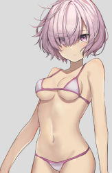 Rule 34 | 1girl, bad id, bad pixiv id, bikini, breasts, closed mouth, eyes visible through hair, fate/grand order, fate (series), female focus, gantan, grey background, highres, looking at viewer, mash kyrielight, medium breasts, navel, pink eyes, pink hair, short hair, simple background, solo, standing, swimsuit, white bikini